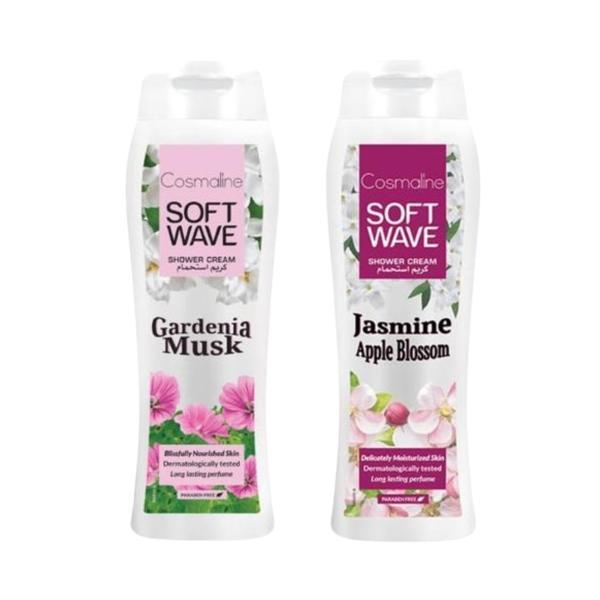 Set Geluri de dus cu ingrediente naturale, arome de Mosc Gardenie si Iasomie &amp; Flori de Măr, Cosmaline Soft Wave, 2x400ml
