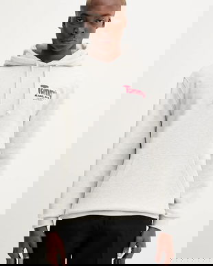 Tommy Jeans hanorac de bumbac culoarea gri, cu glugă, cu imprimeu, DM0DM22086