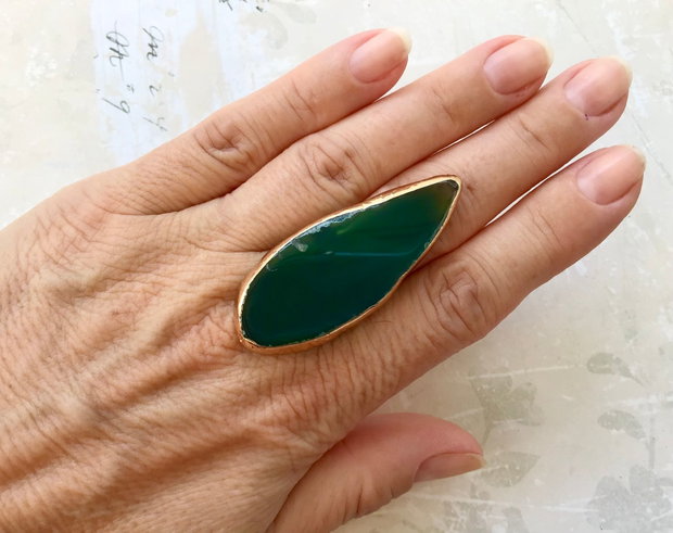 Inel felie onix verde / agata verde & alama aurita