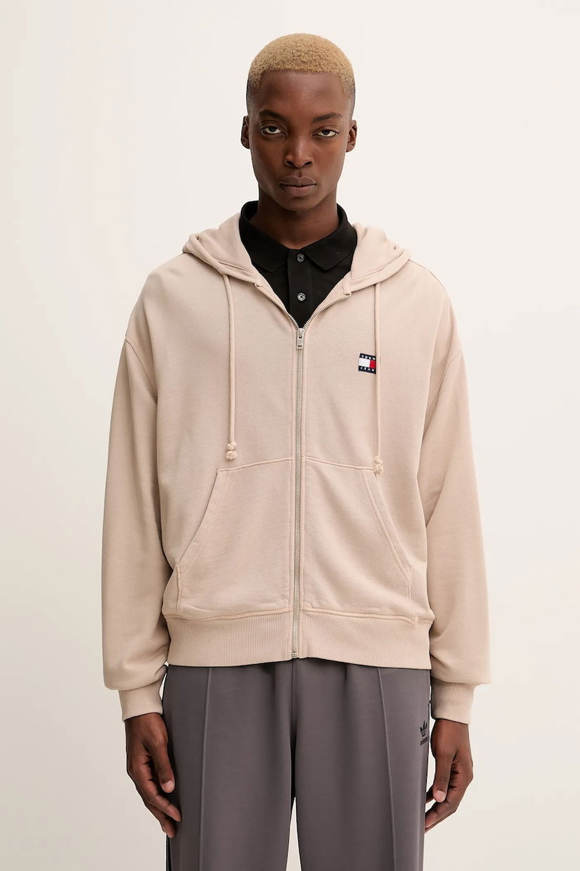 Tommy Jeans hanorac de bumbac culoarea maro, cu glugă, cu imprimeu, DM0DM22080