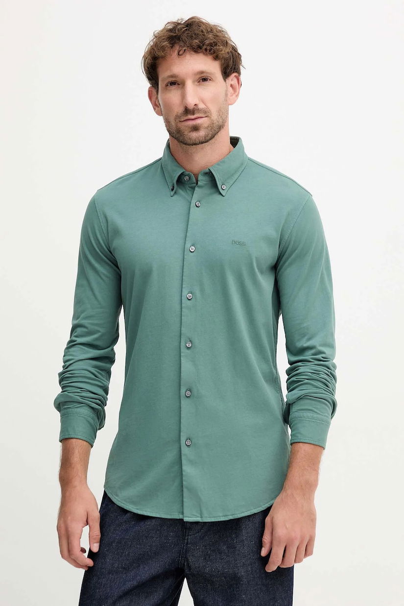 BOSS Orange cămașă din bumbac culoarea verde, cu guler button-down, slim, 50543089