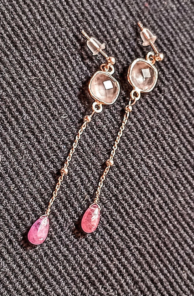 Cercei argint safir roz cuart roz conector tija lant argint minimalisti boho chic luni trendy - Transport gratuit