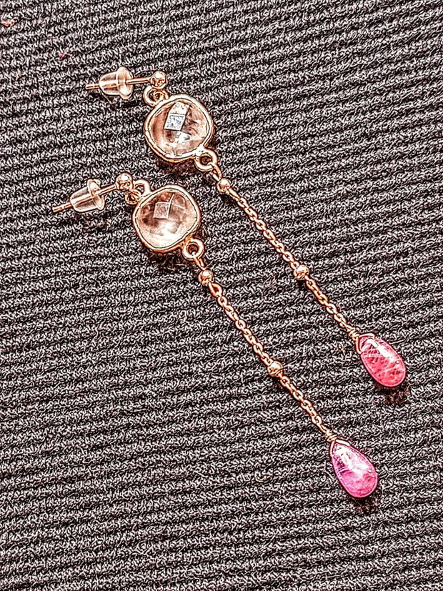 Cercei argint safir roz cuart roz conector tija lant argint minimalisti boho chic luni trendy - Transport gratuit