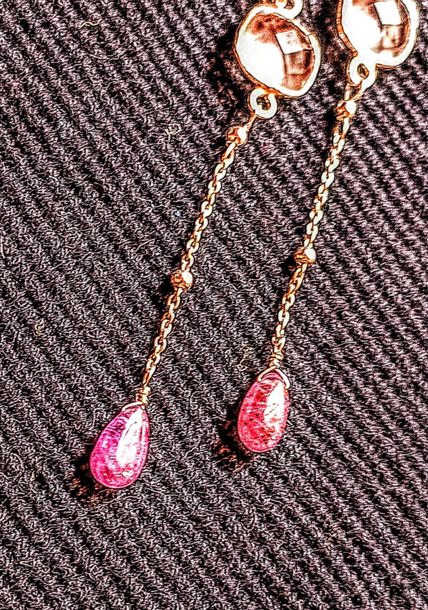 Cercei argint safir roz cuart roz conector tija lant argint minimalisti boho chic luni trendy - Transport gratuit