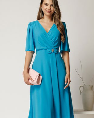 Rochie midi bleu din voal cu fundita in talie