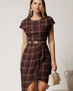 Rochie midi bordo din jerse cu carouri si curea in talie