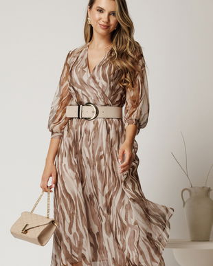 Rochie midi ivory din voal cu zebra print maro si curea in talie