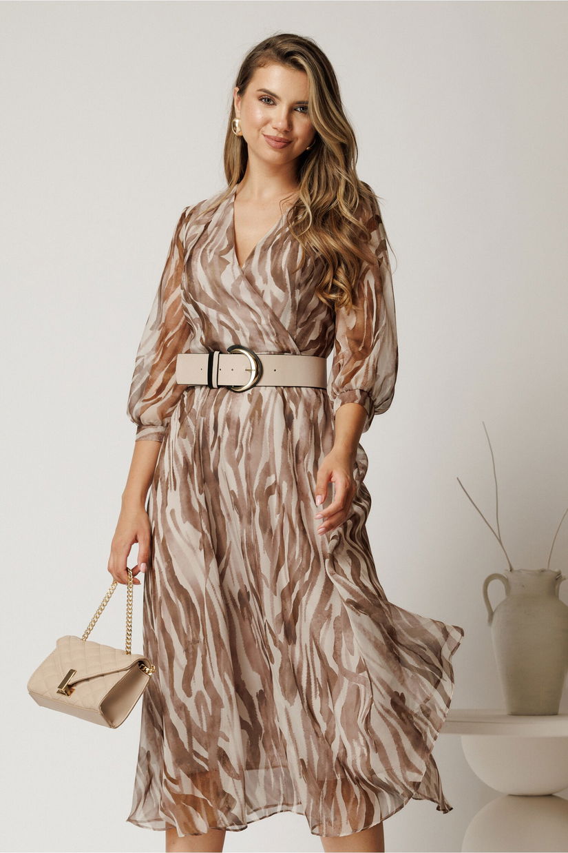 Rochie midi ivory din voal cu zebra print maro si curea in talie