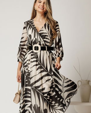 Rochie midi ivory din voal in clos cu imprimeu negru si curea in talie