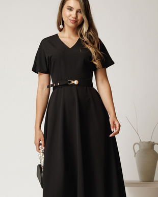 Rochie midi neagra din stofa subtire cu croi clos si curea in talie
