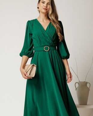 Rochie midi verde din triplu voal cu pliuri la bust si curea in talie