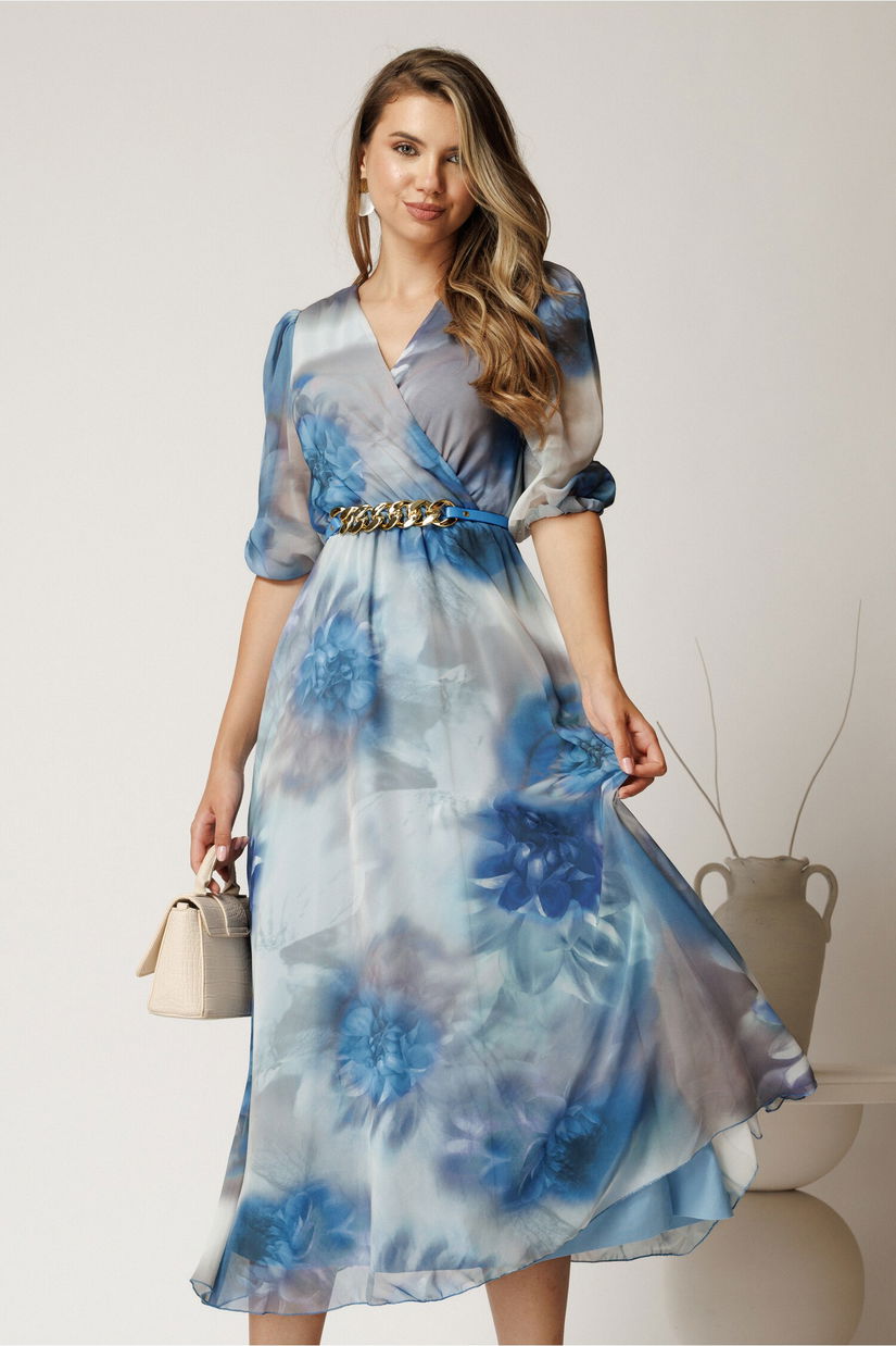 Rochie midi bleu din voal cu imprimeuri si curea in talie
