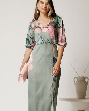 Rochie midi verde mint conica din satin cu imprimeuri floral roz