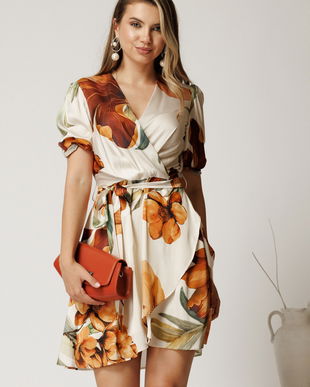 Rochie scurta ivory din satin cu imprimeu maro si cordon in talie