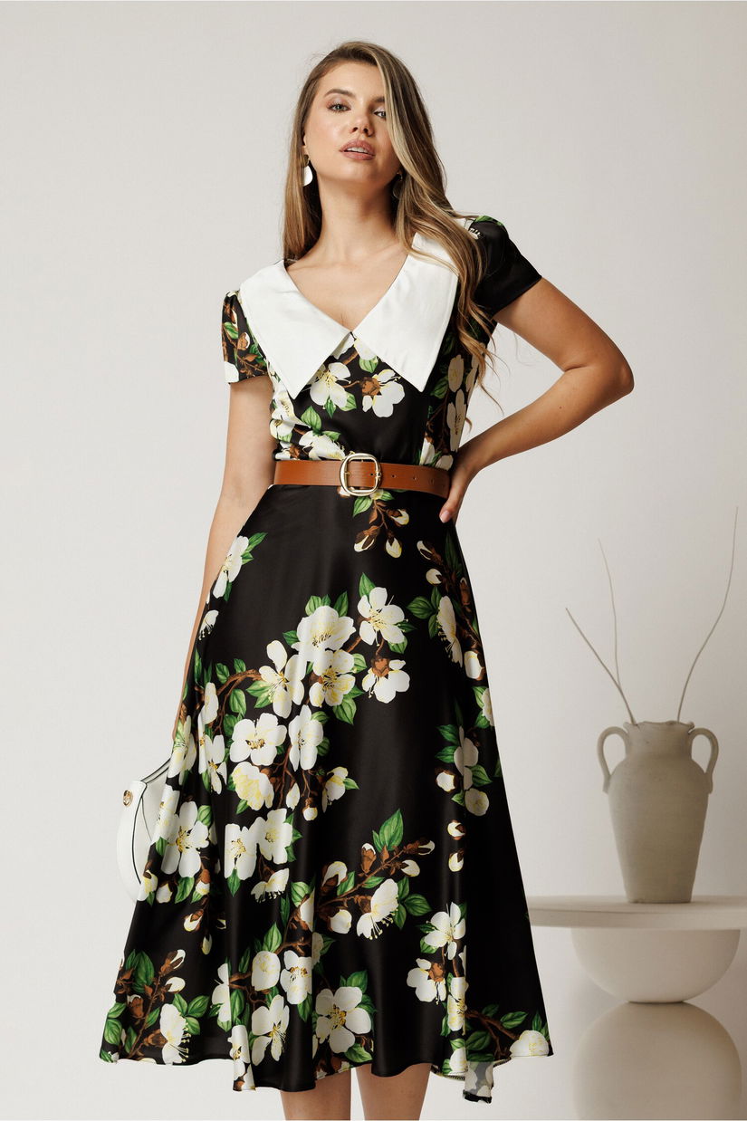 Rochie midi neagra din satin cu imprimeuri florale si curea in talie