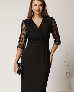 Rochie Bella midi neagra din stofa cu bust si maneci din dantela