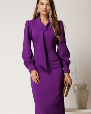 Rochie midi mov conica din stofa cu guler tip esarfa