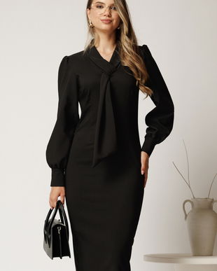 Rochie midi neagra conica din stofa cu guler tip esarfa