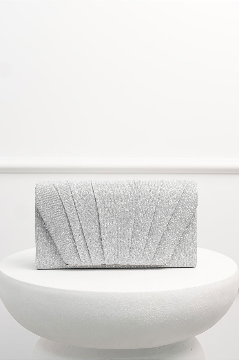 Clutch argintiu cu glitter si pliuri decorative