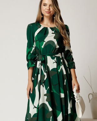 Rochie midi in clos din triplu voal cu imprimeuri verzi si cordon in talie