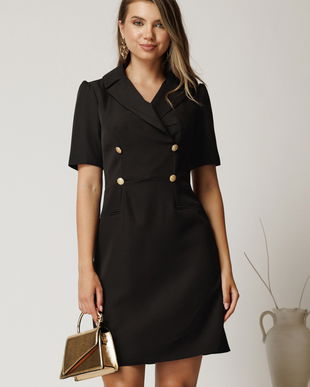 Rochie scurta neagra din stofa cu nasturi pe bust