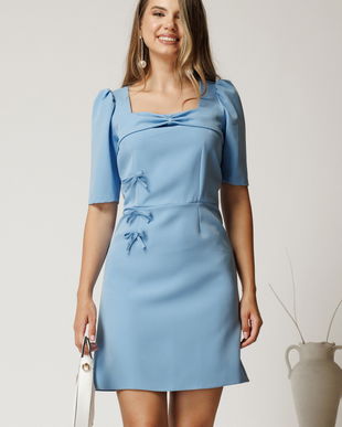 Rochie scurta bleu din stofa cu fundite