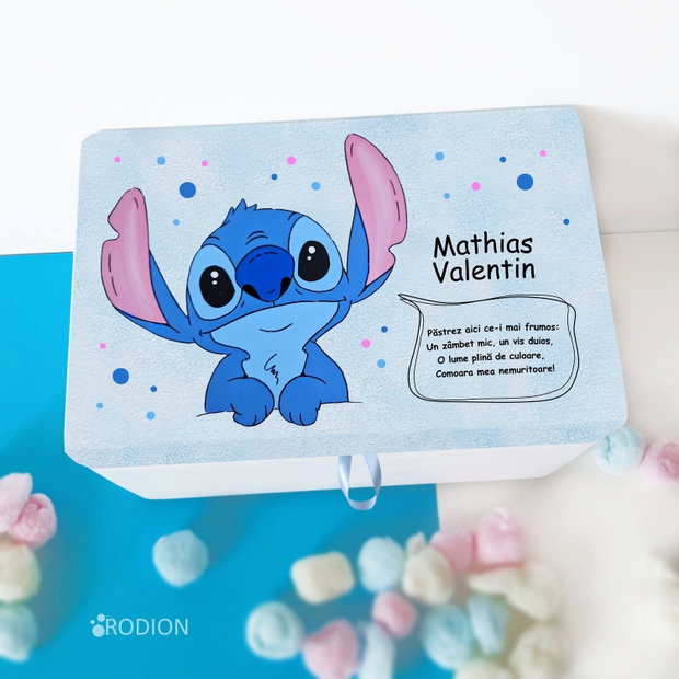 Cufar amintiri pictat manual personalizat cutie dar botez Stitch