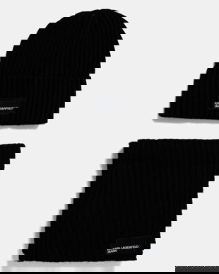 Karl Lagerfeld Jeans căciulă și eșarfă din amestec de lână culoarea negru, A4W34000