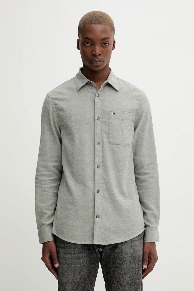 Tommy Jeans cămașă din bumbac culoarea verde, cu guler clasic, regular, DM0DM22023