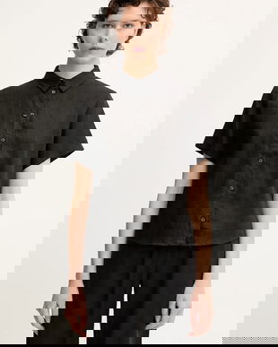 Samsoe Samsoe cămașă de in MINA culoarea negru, cu guler clasic, regular, F23900009