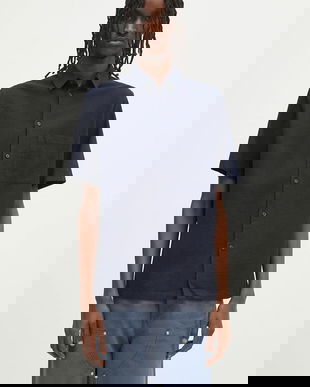 Samsoe Samsoe cămașă de in Sataro culoarea bleumarin, cu guler clasic, regular, M25100063