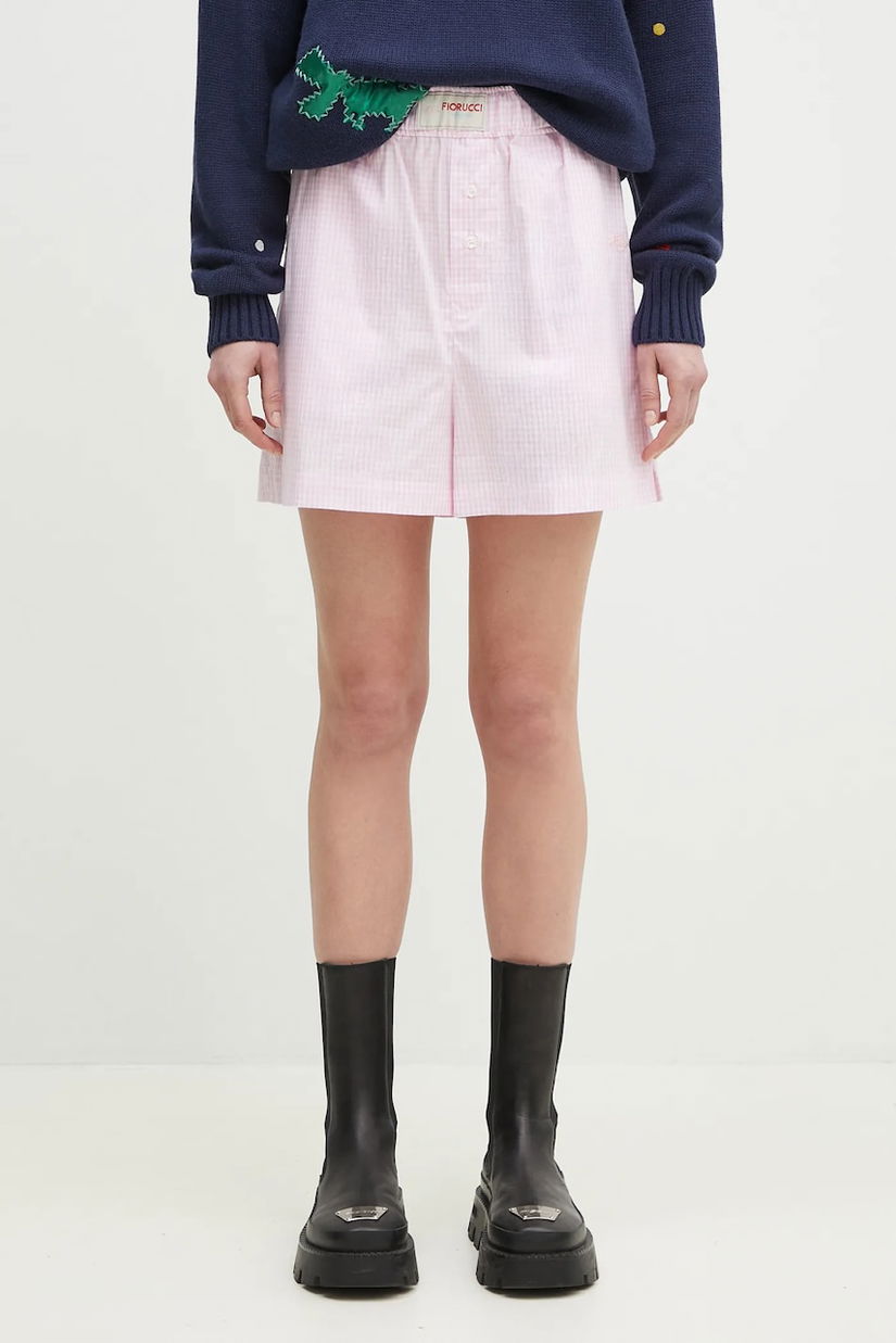 Fiorucci pantaloni scurți din bumbac Gingham Logo femei, culoarea roz, cu imprimeu, high waist, W02SPBSH300CO01PN02