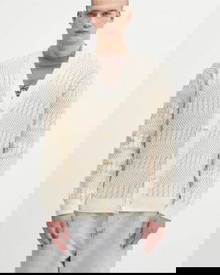 Drôle de Monsieur cardigan din lână Le Cardigan Torsades Bicolore culoarea bej, H.CA160.WO018