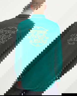 Drôle de Monsieur cămașă din bumbac La Chemise Slogan Tresses culoarea verde, cu guler button-down, relaxed, H.SH237.CO217