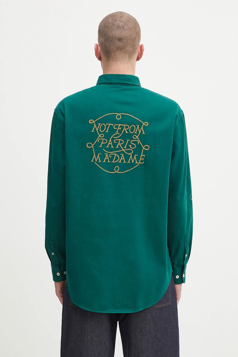 Drôle de Monsieur cămașă din bumbac La Chemise Slogan Tresses culoarea verde, cu guler button-down, relaxed, H.SH237.CO217