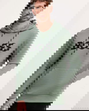 BOSS Green bluză culoarea verde, cu glugă, cu imprimeu, 50551457