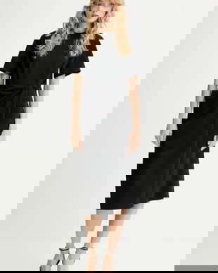 Sessun rochie cu lână culoarea negru, midi, drept, 25105015