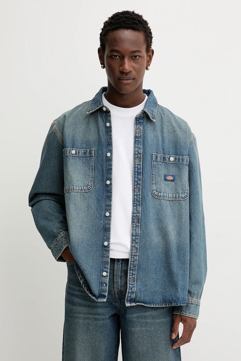 Dickies cămașă jeans culoarea bleumarin, cu guler clasic, regular, DK0A87PX