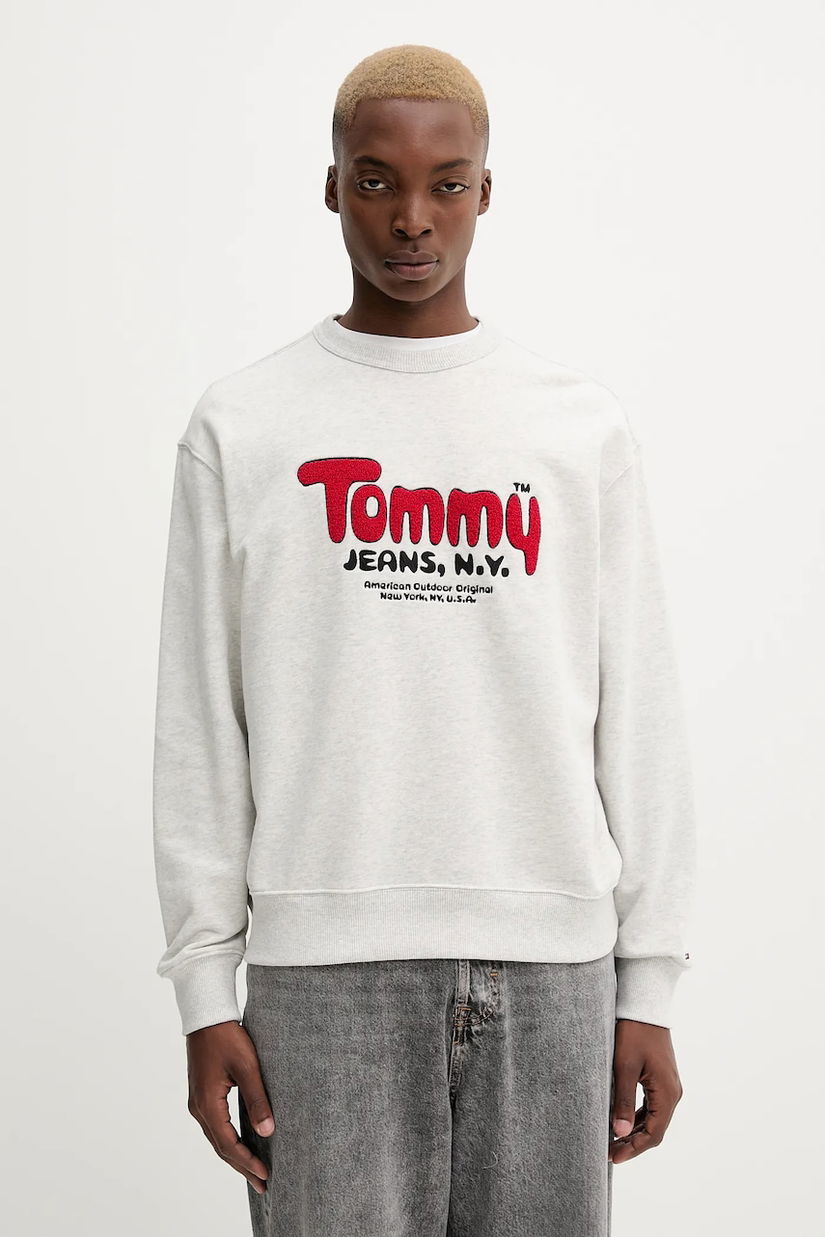 Tommy Jeans hanorac de bumbac culoarea gri, cu imprimeu, DM0DM22087