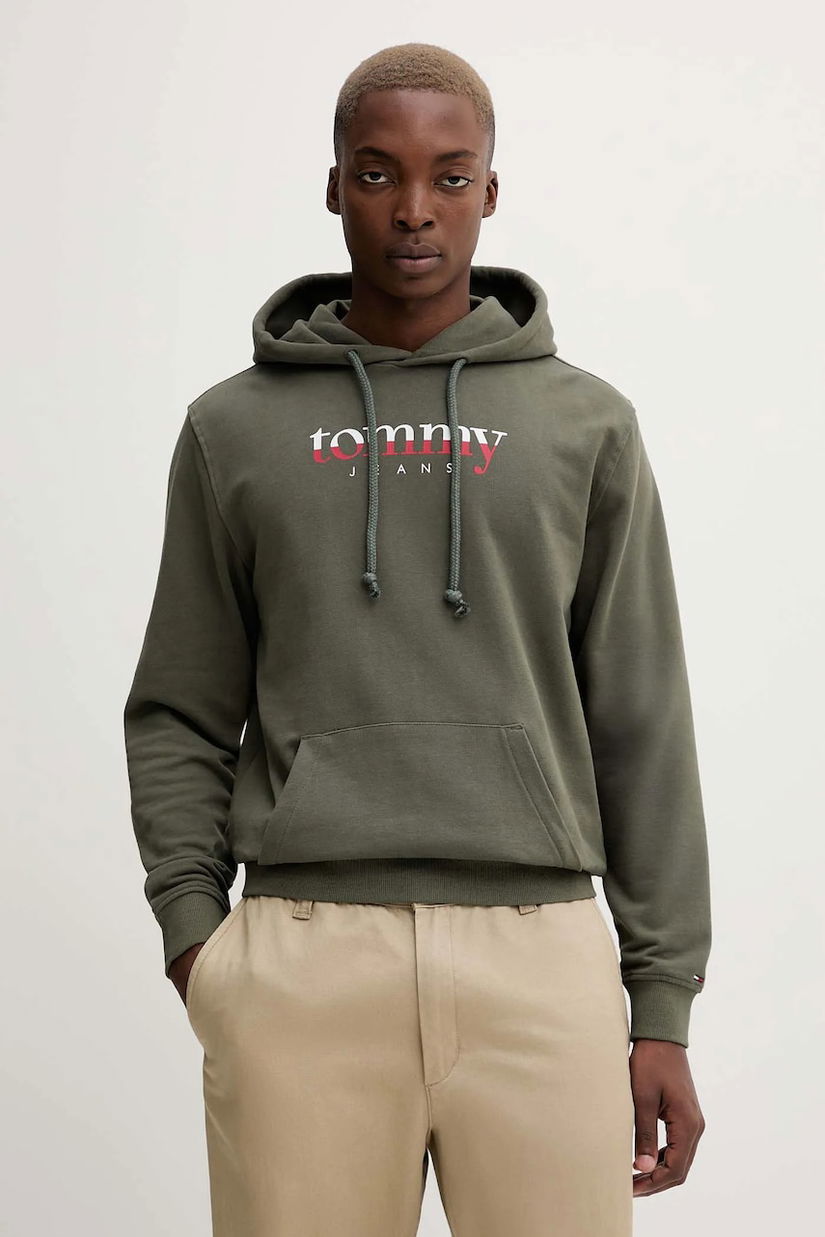 Tommy Jeans hanorac de bumbac culoarea verde, cu glugă, cu imprimeu, DM0DM22113
