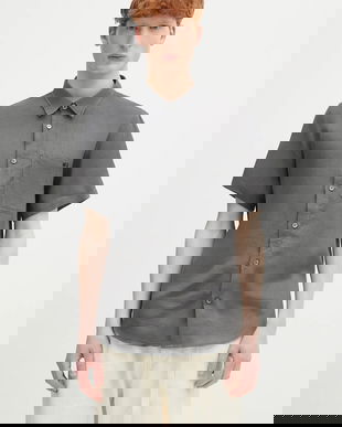 A.P.C. cămașă de in chemisette bellini logo bărbați, culoarea gri, cu guler clasic, relaxed, LIAEK.H12551