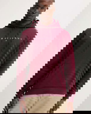 Tommy Jeans bluză culoarea bej, cu glugă, cu imprimeu, DM0DM20746