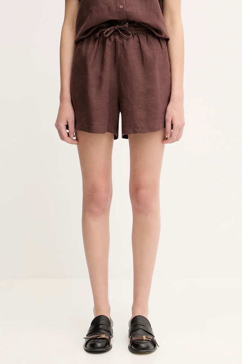 Samsoe Samsoe pantaloni scurți din in MAREN culoarea verde, uni, high waist, F23900001