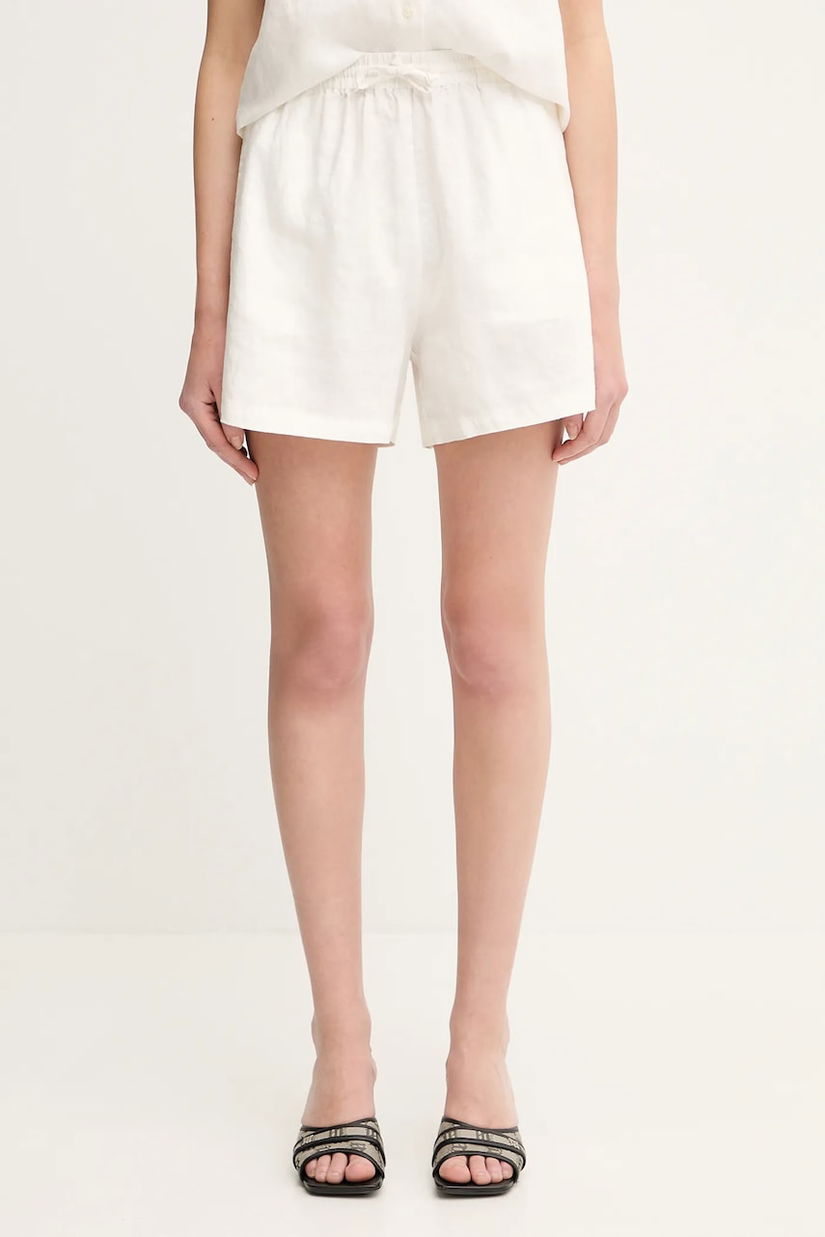 Samsoe Samsoe pantaloni scurți din in MAREN culoarea verde, uni, high waist, F23900001