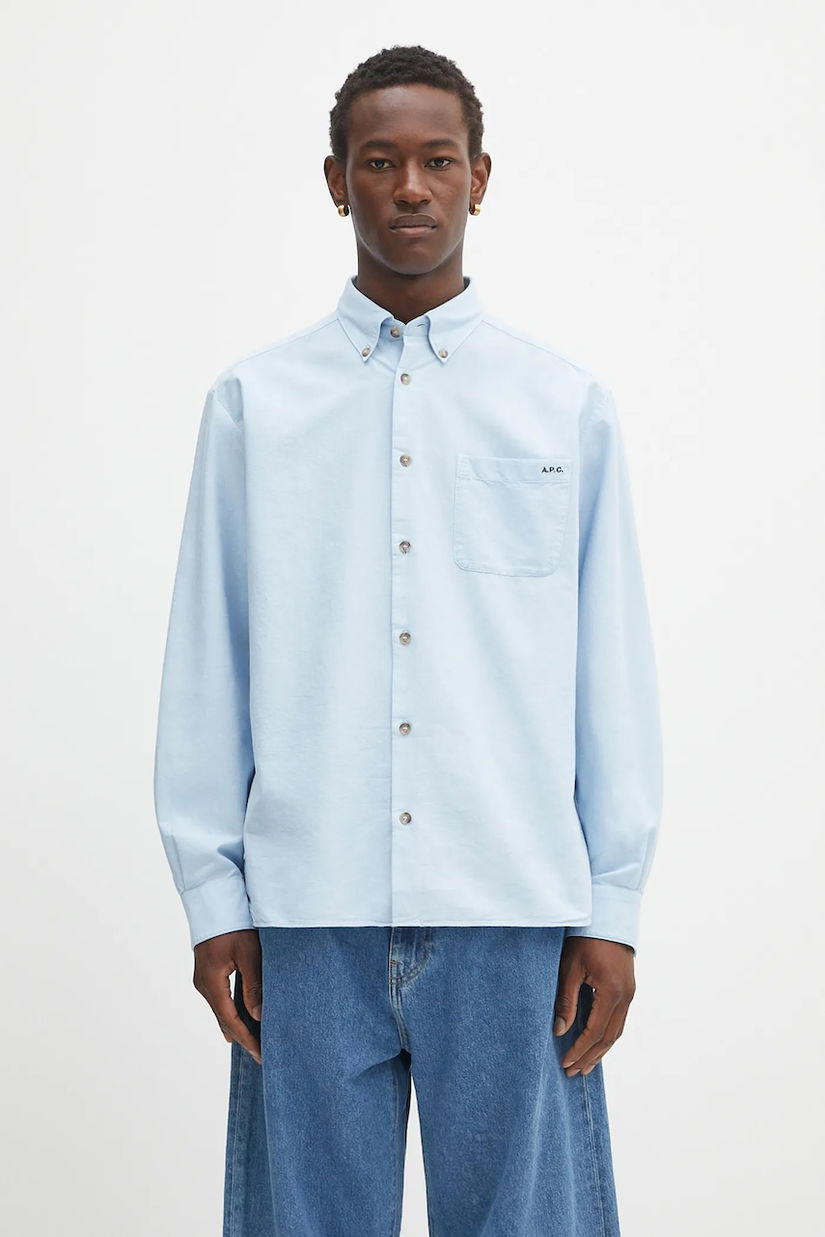 A.P.C. cămașă din bumbac Chemise Mateo Logo culoarea alb, cu guler button-down, relaxed, COHAH.H12599