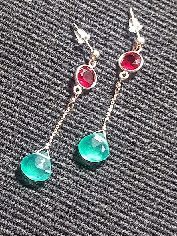 Cercei argint onix verde calcedonie conector tija lant argint minimalisti boho chic trendy - Transpo0rt gratuit