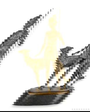 Zeita Diana cu cainii-statueta din bronz cu soclu din marmura