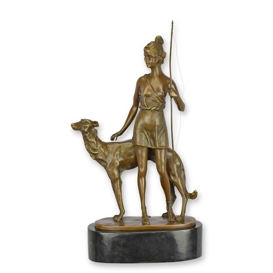 Zeita Diana cu cainii-statueta din bronz cu soclu din marmura