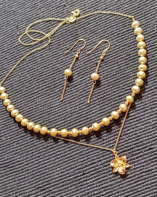 Set vermeil perle naturale de cultura colier cercei lant charm floare argint placat cu aur minimalist boho chic trendy - Transport gratuit