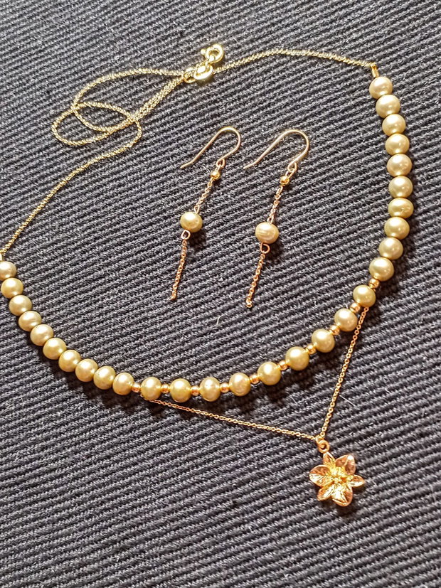 Set vermeil perle naturale de cultura colier cercei lant charm floare argint placat cu aur minimalist boho chic trendy - Transport gratuit